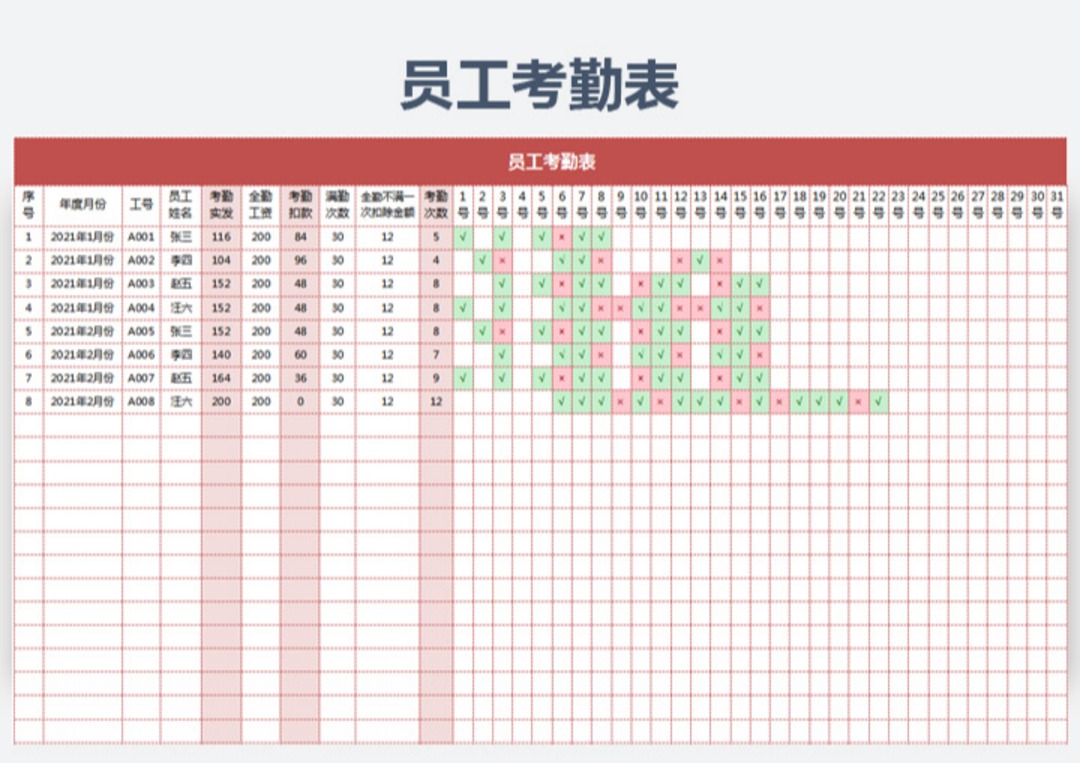 关联全勤奖金的考勤记录表_Excel模板_柚墨yomoer